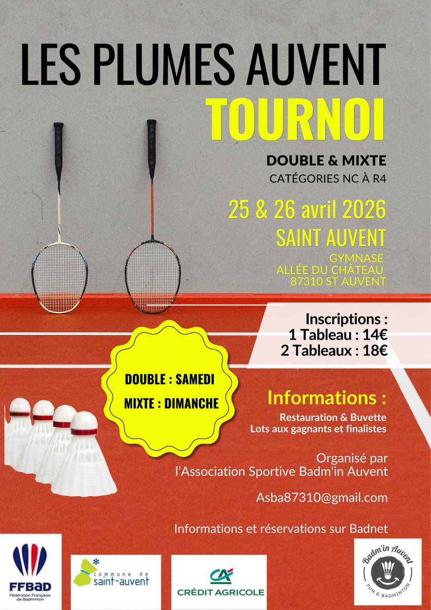 Tournoi double et mixte de St Auvent 25 et 26/04/26